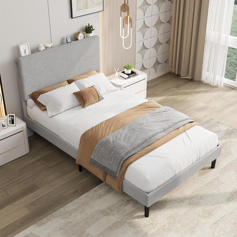 Upholstered Platform Bed Frame with USB Charging Station, Adjustable Storage Headboard, Wooden Slats Support, No Box Spring Needed
