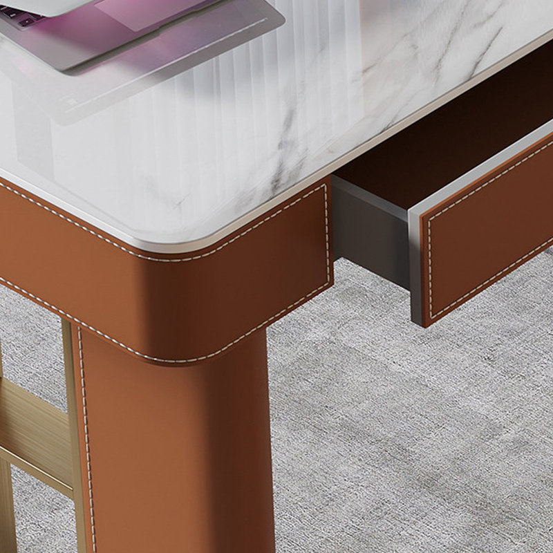 Bureau 5 tiroirs blanc + orange + or fritté rectangulaire + bois manufacturé + acier inoxydable, Retour à droite