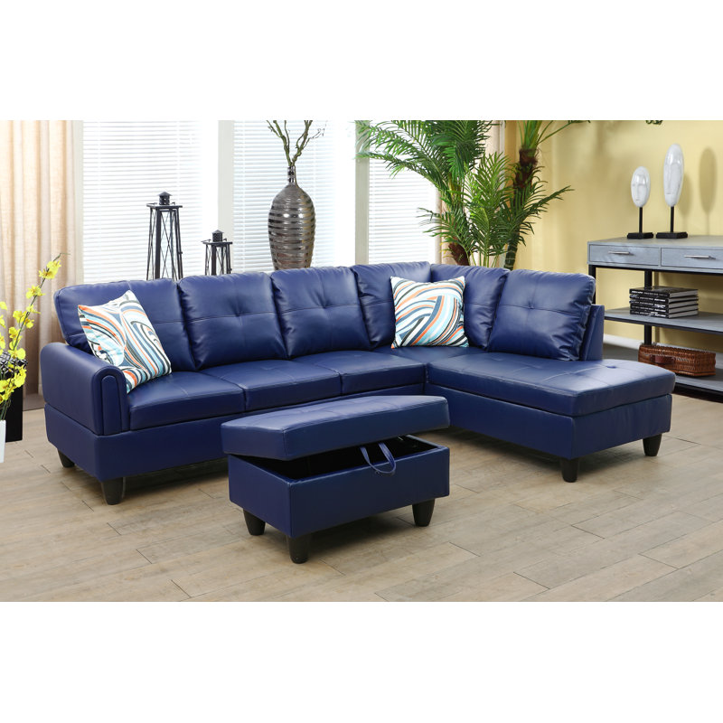 Henryleo Faux Leather L-Shaped Sectional, Right Hand Facing, Zodiac Blue Faux Leather