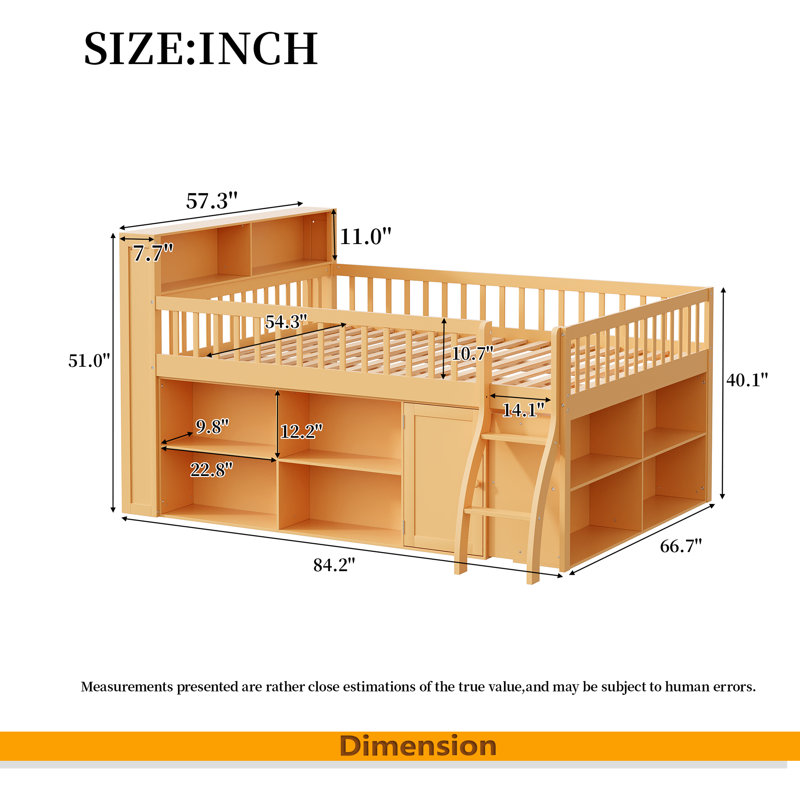 Lit mezzanine avec rangement, tête de lit avec lumière DEL, Naturel, Lit double