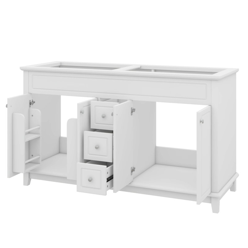 Meuble-lavabo de 58 po seulement, 3 tiroirs, 4 portes avec 2 tablettes doubles