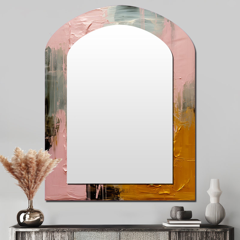 Celebrating Destiny Abstract Gold Pink Painting II - Abstract Painting Arch Decorative Mirror, Modern Asymmetrical Large Wall Mirror, Printed Metal Art