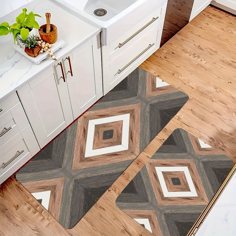 Geometric Wood Diamond 2-Piece Entryway Kitchen Mats, Brown Geometric 1