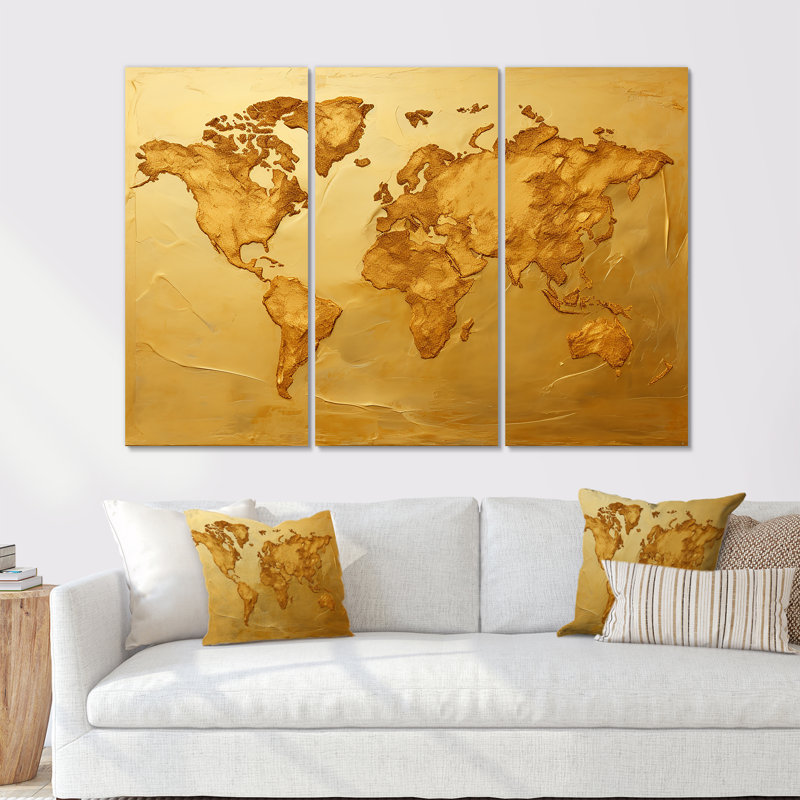 Carte du monde doré - ensemble d'art mural carte du monde, Toile tendue, H 40 po x l 60 po x P 1 po