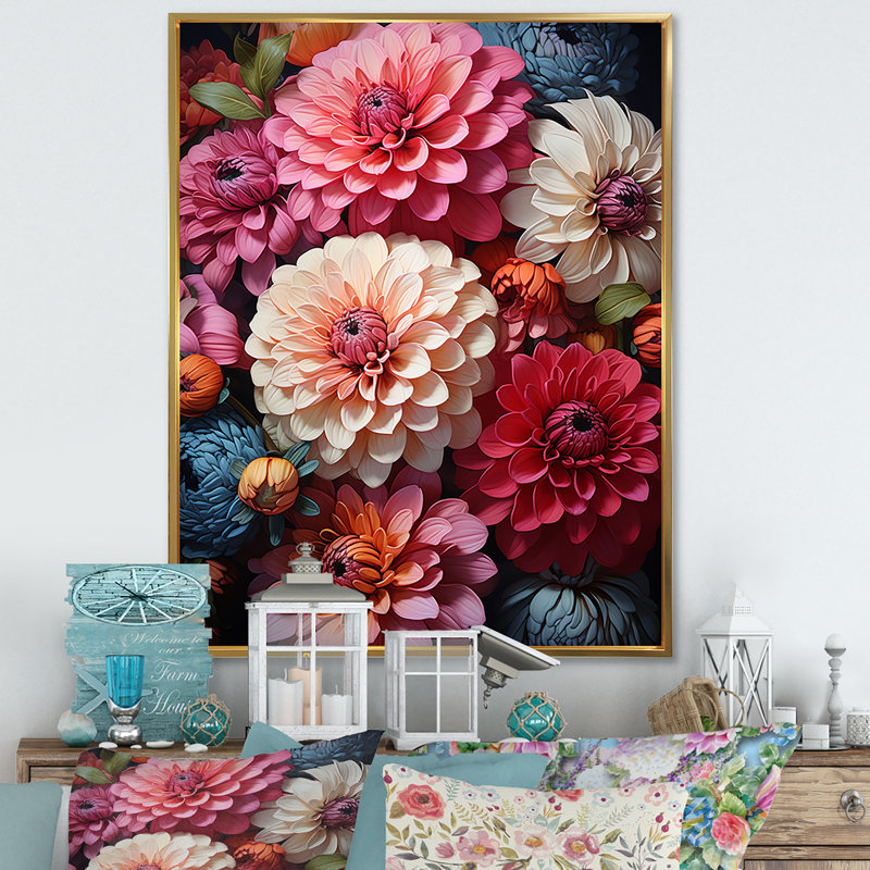 Décoration murale Zinnias rouge beige - Zinnias, Cadre flottant doré, H 32 po x l 16 po