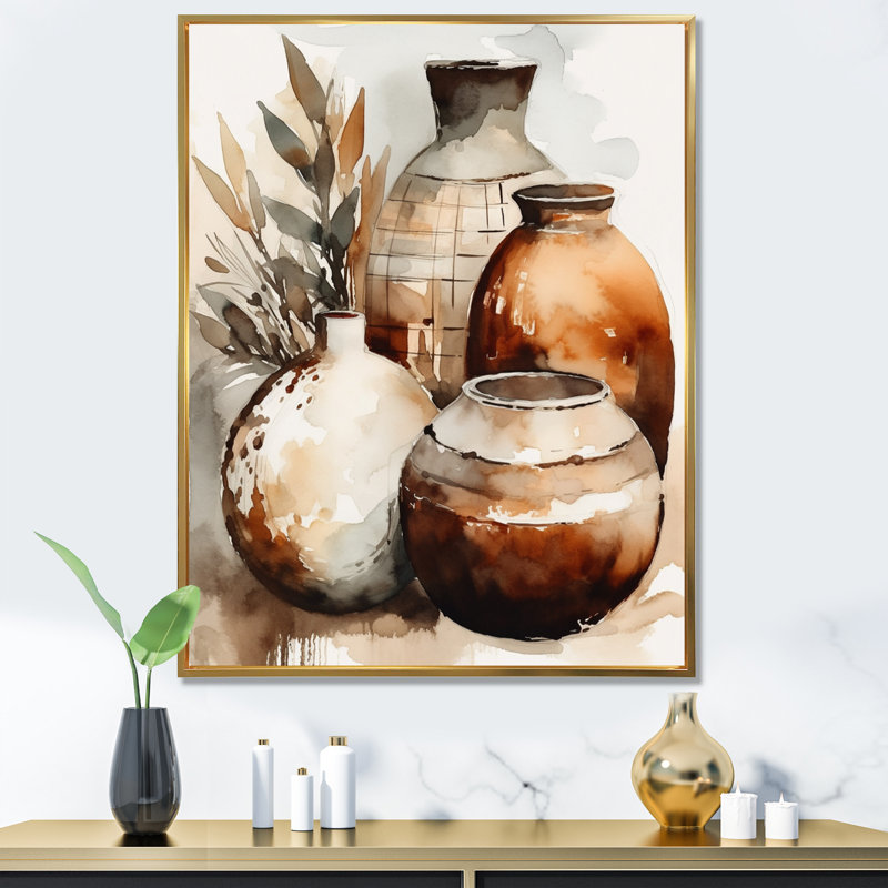Vase en terre cuite brun et crème Kellerson, H 32 po x l 16 po, Reproduction avec cadre flottant, Doré