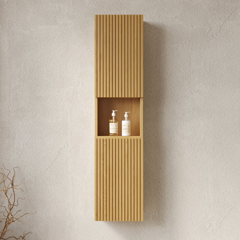 Rangement de salle de bain en chêne - Armoire étroite haute de 59 po avec portes et tablettes pour mur de buanderie au design compact