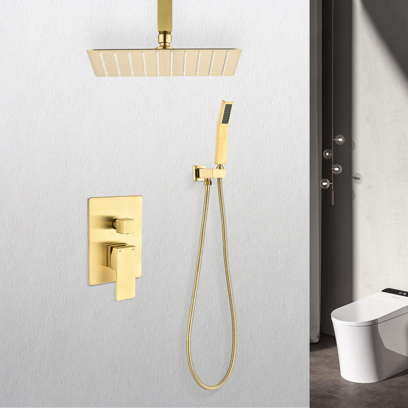 Golden Ceiling Mounted Shower With 10" Head & Handheld - Brass, Brings Natural Rainfall Touch, Self-Cleaning Nozzle, Suits To American Standard Pipe Connections In Gold Handheld, Provides Conforms