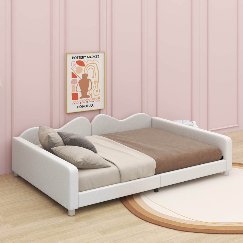 Lit rembourré en tissu sherpa avec dossier en forme de nuage, Beige, Lit double