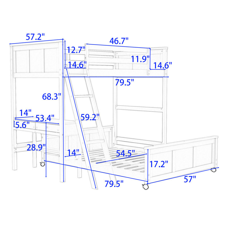 Jathon Wood Bunk Bed With Desk And Two Drawers, White, Full Over Full