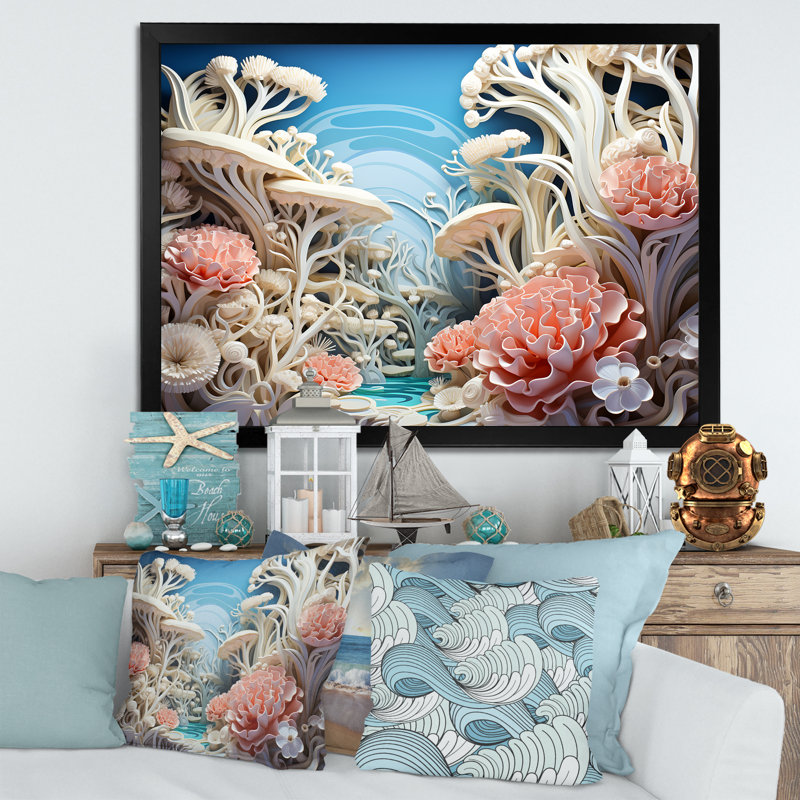 «Coral Sea Anemon Collage», art mural sur toile plage et océan, Cadre simple noir, H 12 po x l 20 po x P 1 po