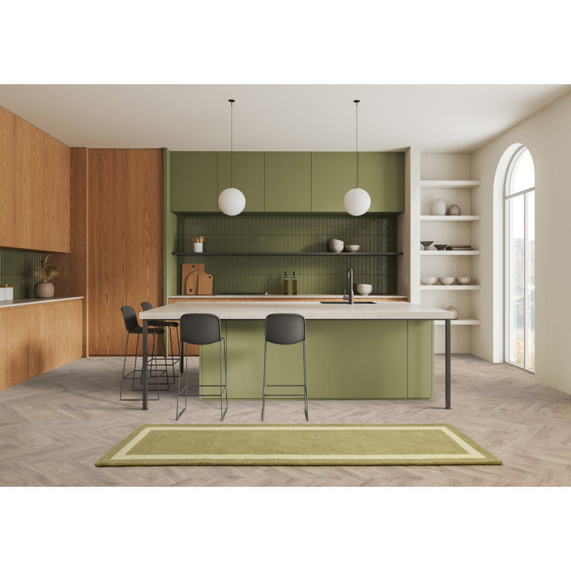 Anyi Bordered Hand Loomed Green Rug, Runner 68 x 240cm
