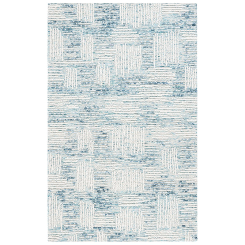 Weybossett Abstract Hand Tufted Wool Cotton Abstract Rug in Ivory/Blue, Rectangle 5' x 8'