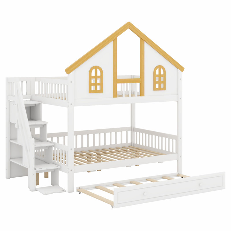 House Bunk Bed with Roof, Window, Door, Storage Staircase & Trundle Bed, Full