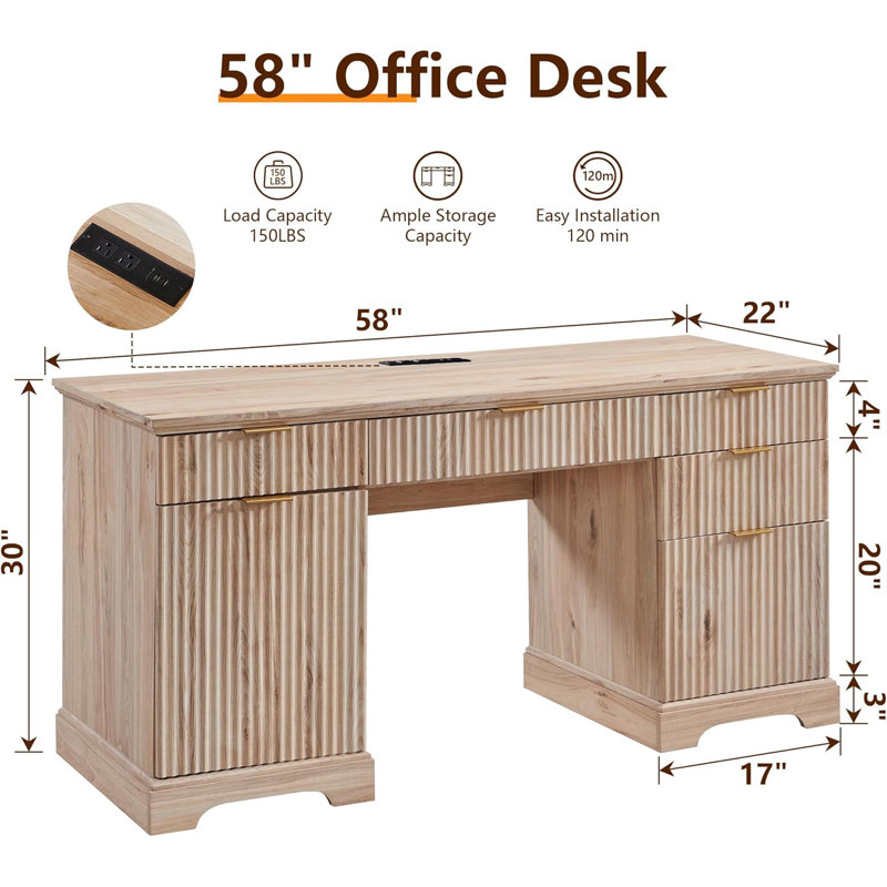 Modern Executive Desk With 5 Drawers Of Different Dizes, Wood Home Office Desk With Power Outlet & Storage Cabinet, Computer Desk With A 58-Inch Desktop