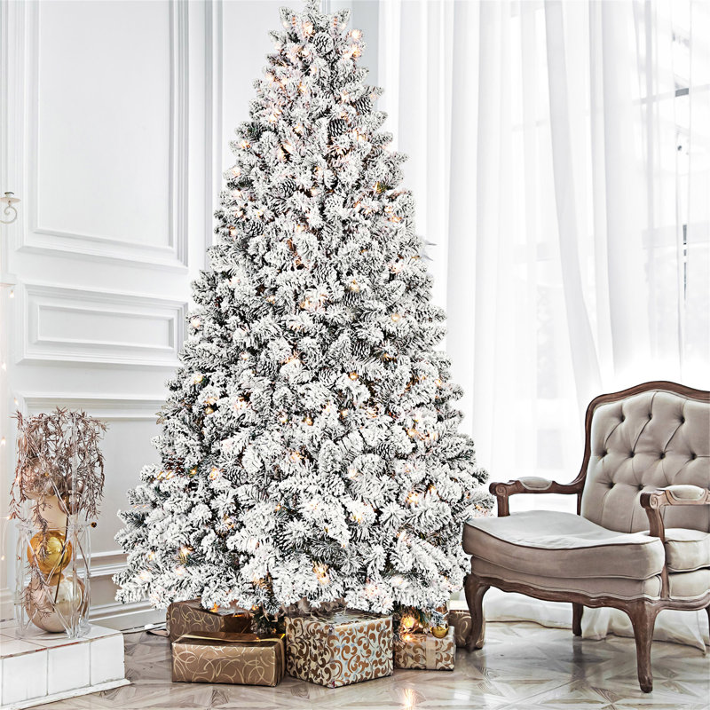 Arbre de Noël floqué avec support en métal, Blanc chaud, 4'