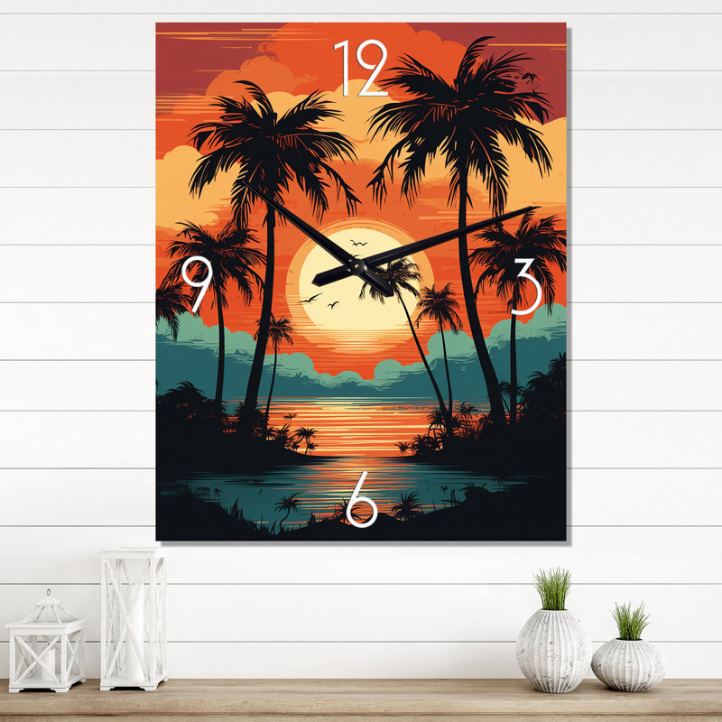 Soleil couchant sur des palmiers - Illustration rétro - très grandes horloges murales, Médium