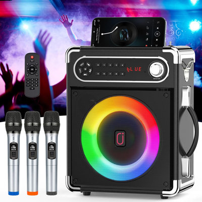 Haut-parleur de vacances pour machine à karaoké avec 3 micros, haut-parleur portable Bluetooth, haut-parleur de graves de 5,25 pouces, système audio ambiophonique à deux haut-parleurs prenant en charge plusieurs caissons de basses audio stéréo