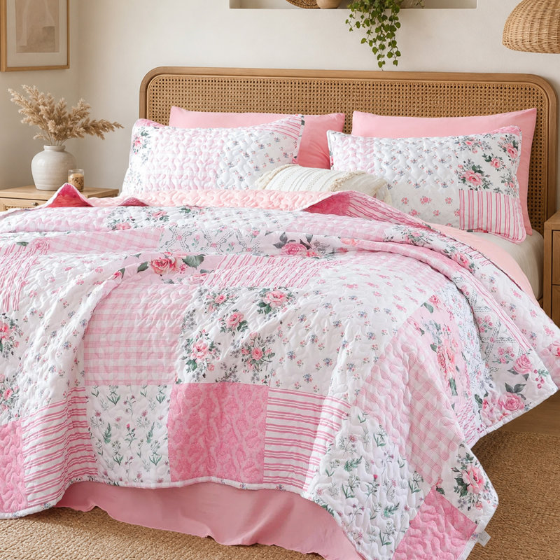 Ensemble de courtepointe 3 pièces à motif floral, literie de courtepointe à imprimé vibrant avec 2 taies d'oreiller