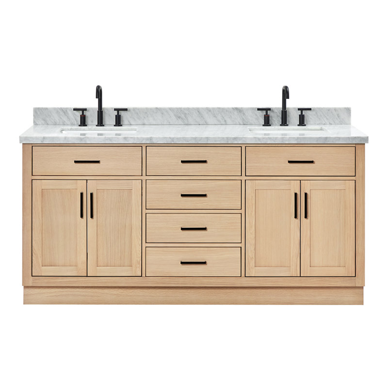 Tidworth Solid Wood Double Bathroom Vanity with 1.5' Carrara Marble Top, Chêne naturel, Noir mat, Forme rectangulaire