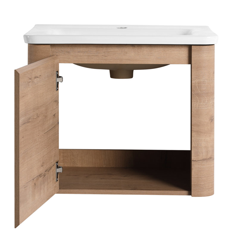 Meuble-lavabo de 24 po avec lavabo en céramique blanche, 1 porte à fermeture en douceur et contreplaqué pour une performance de longue durée, poignées dissimulées de 45 po, base stable