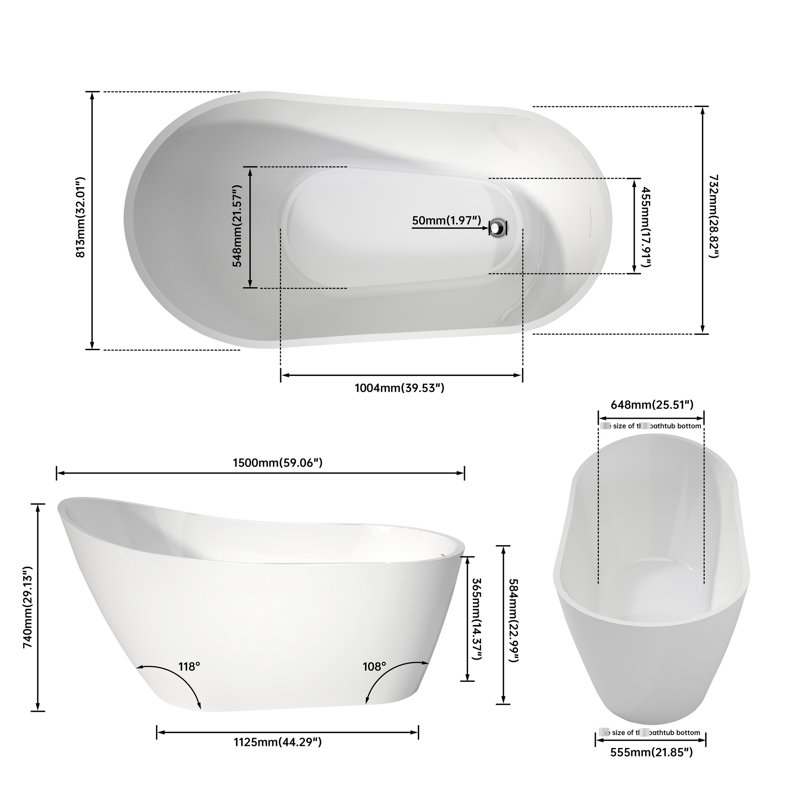 Oval - Shape White Acrylic High Back Stand Alone Soaker Bathtub  5932 Inch , Slip Compliant, Stain Finish, No Drains Inch  With Design, , Easy To Maintain, Included