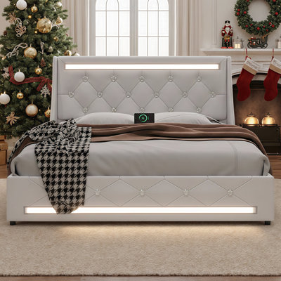 Smart LED Upholstered Queen Platform Bed with Charging Station, Diamond Headboard, Noise-Free Wooden Slats, No Box Spring Needed