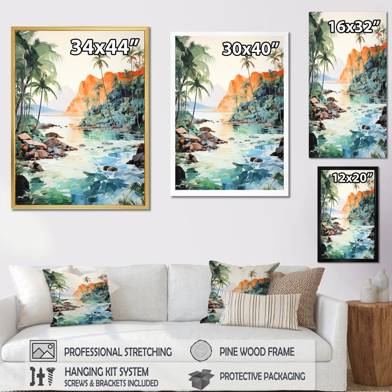 Tropical Island Skyline - reproduction sur toile, H 40 po x l 30 po x P 1,5 po, Cadre simple blanc