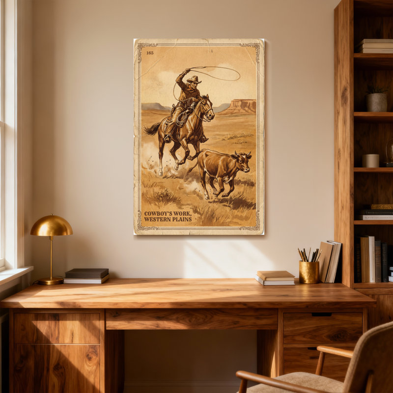 Fashion Cowboy chevauchant un lasso et une vache, H 48 po x l 32 po