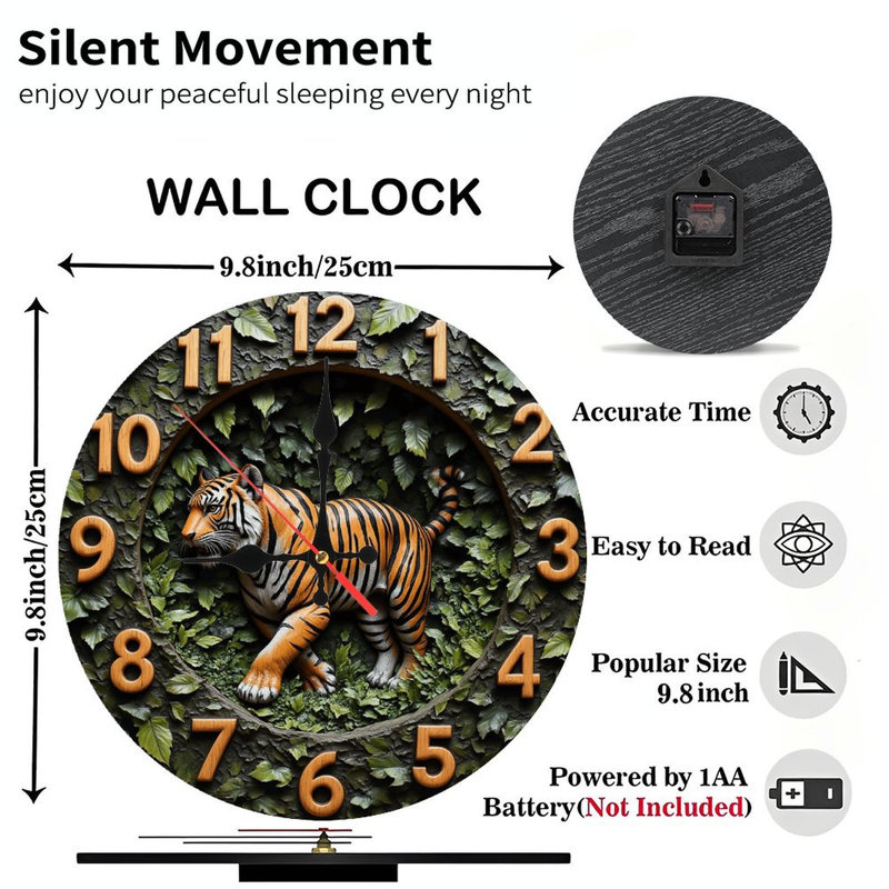 Horloge murale tigrée avec feuilles vertes