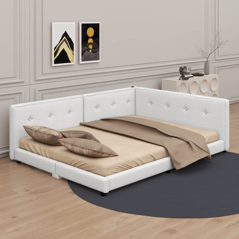 Lit plateforme tapissier avec ports USB intégrés, Beige, Grand lit