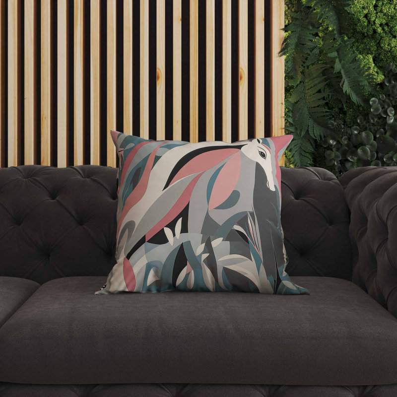 Coussin intérieur / extérieur Mythical Horse, Bleu / rose / gris, Carré 26 po