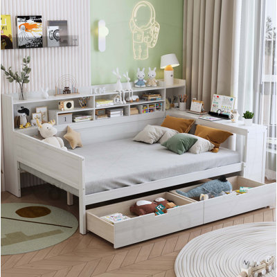  Lit de jour en bois avec tablettes de rangement, tiroirs et bureau d'étude pour une utilisation multifonctionnelle