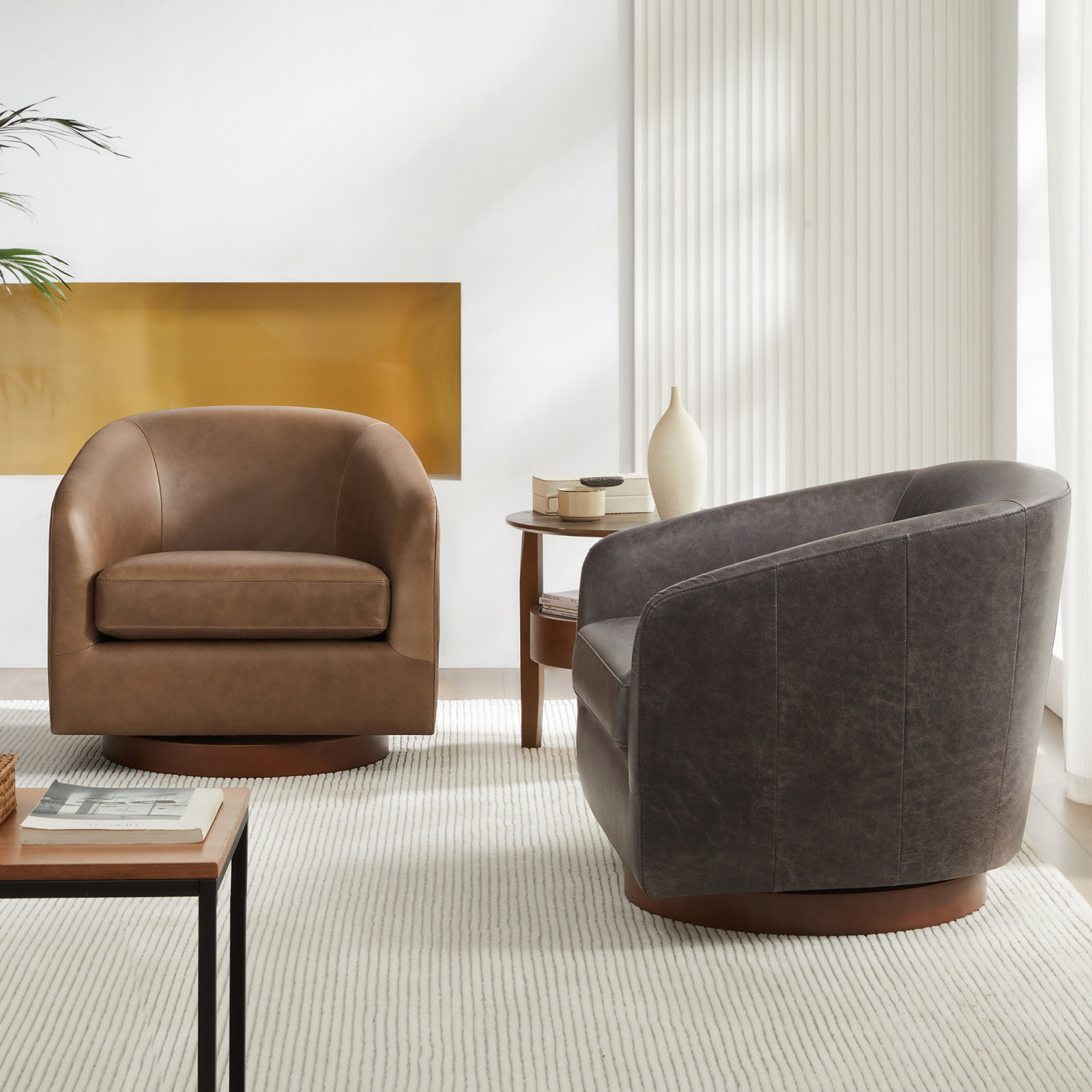 Bennett Genuine Leather Swivel Barrel Chair, Marseille Black Top Grain Leather
