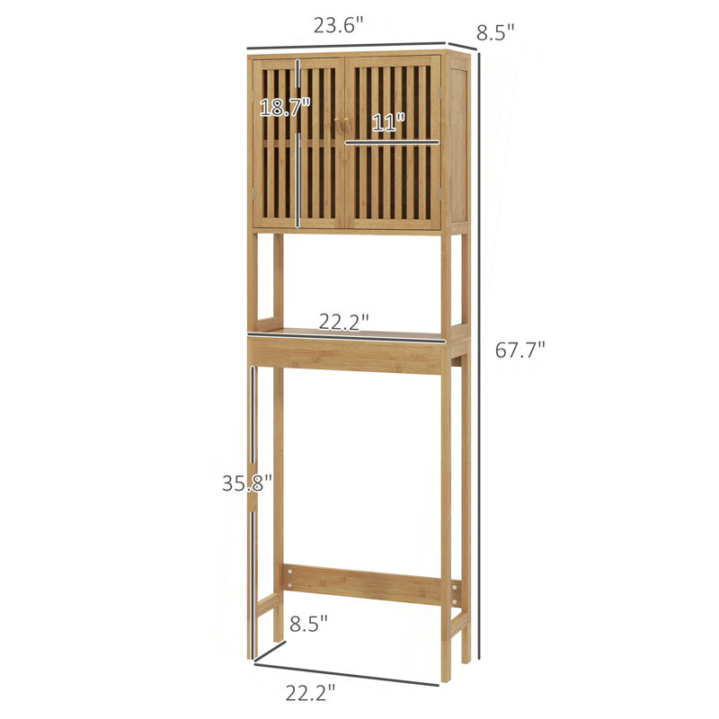 Bamboo Over The Toilet Storage Cabinet, Over Toilet Bathroom Organizer With Slatted Doors, Adjustable Shelf And Open Shelf