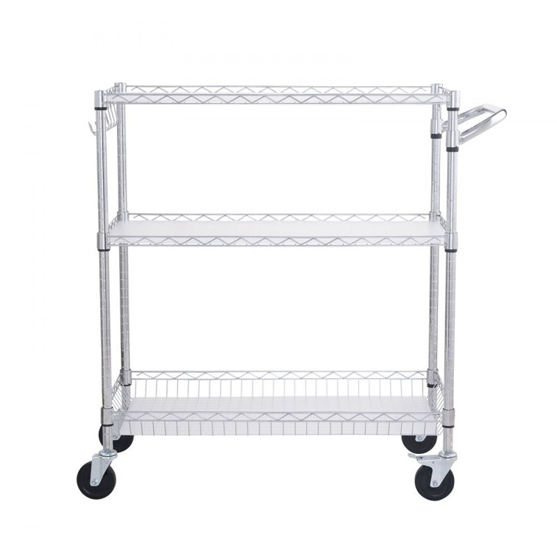 3-Tier Utility Cart Rolling Cart on Wheels 40.5"x17.7"x40.9" 661 LBS 6 Hooks