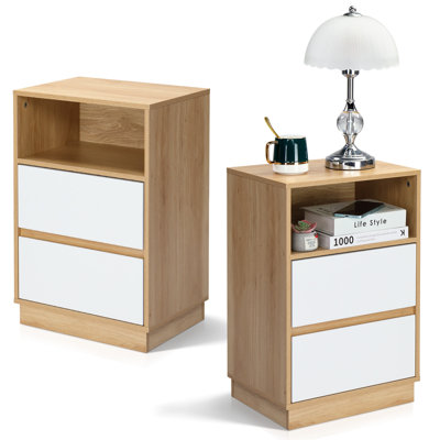 Table de chevet blanche 15,7 po, panneau de particules P2, mélamine mat, tiroir biseauté, 2 tiroirs (2 pièces)