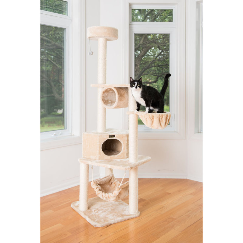 Beige Multi-Level Faux Fur Cat Tree with Sisal Posts