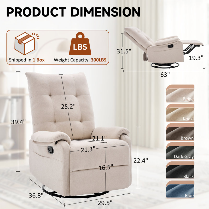 Recliner Chair, 360° Swivel Rocking Recliner for Living Room,Rocker Recliner Chair With Side Pockets, Beige