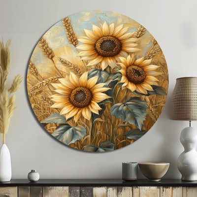 Décoration murale ronde en métal Sunflowers In The Wheat Barnyard II