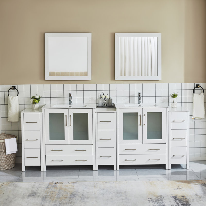 Karson 96'' Double Bathroom Vanity with Ceramic Top with Mirror, White
