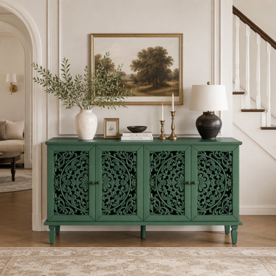 Buffet antique sculpté floral avec meuble télé pour téléviseur de 65 po ou moins, pieds en bois massif avec poignées en laiton antique et tablettes réglables pour le salon et la salle à manger