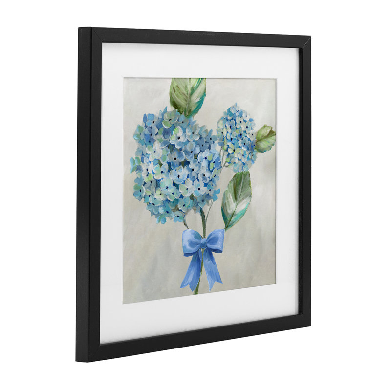 «Blue Bow Hydrangea Beauty», reproduction sous verre encadrée, design par Nan, H 13 po x l 13 po, Cadre noir minuit