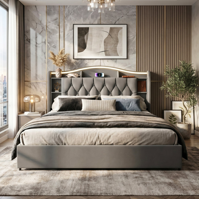 EU Double & King Velvet Ottoman Bed with Smart LED & Wireless Charging, Storage Headboard, 140/160x200cm in Grey/Beige, Grey