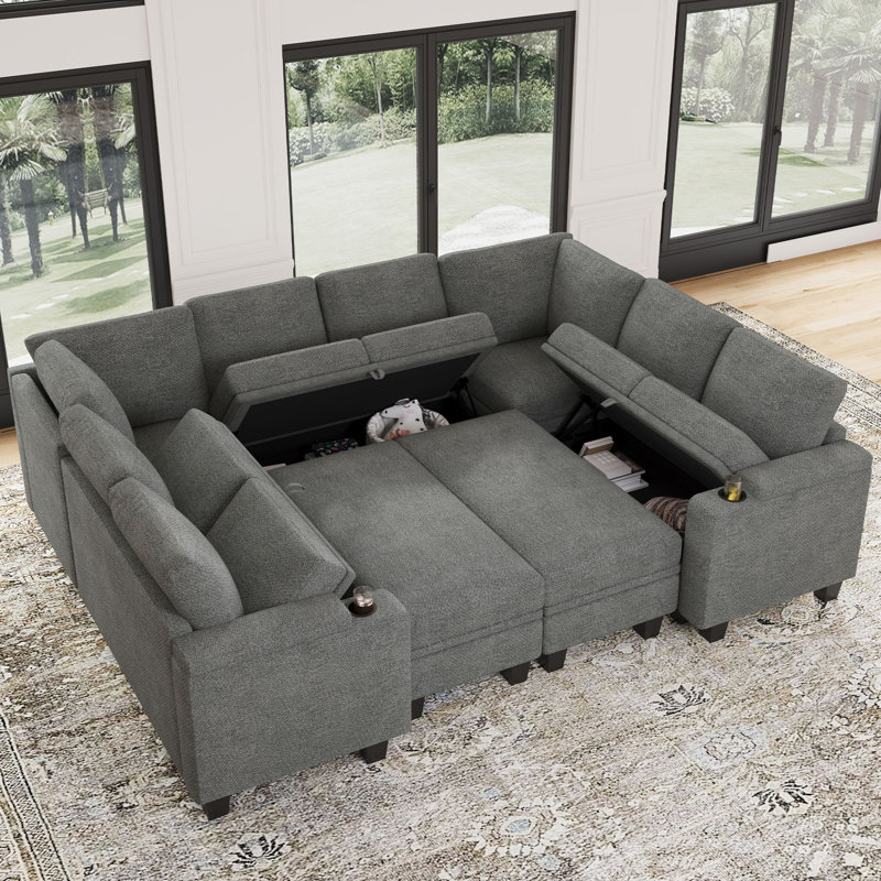 Anjanette Chenille Modular Sleeper Sectional with Storage, Light Gray Chenille