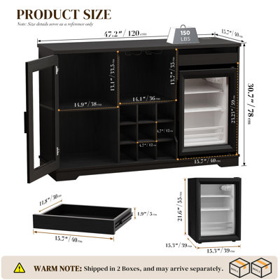Wine Bar Cabinet With Fridge, Liquor Coffee Cabinet With Led Lights & Glass Holder, Mini Fridge Cabinet With Storage, Human Body Sensor, Sideboard Buffet Table For Kitchen Dining Room, Black