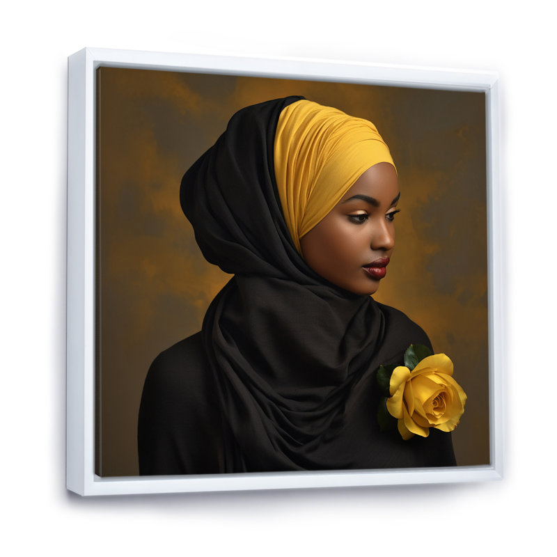 «Tender Bliss Musulman Grace» en jaune et noir I, H 36 po x l 36 po x P 1,5 po, Cadre flottant blanc