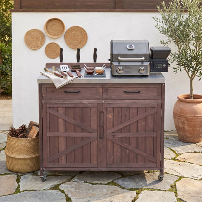 Chariot de barbecue extérieur avec plateau en acier inoxydable, armoire de rangement, dosseret, tablettes réglables et roulettes verrouillables