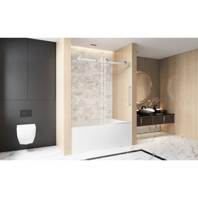 60 - Inch High Single Sliding Shower Door 56 Inches Wide, 6Mm Clear Tempered Glass With Break Film, Stainless Steel Track And Handle In Brushed Nickel Finish, Ideal For Bathroom Spaces, Smooth Quiet