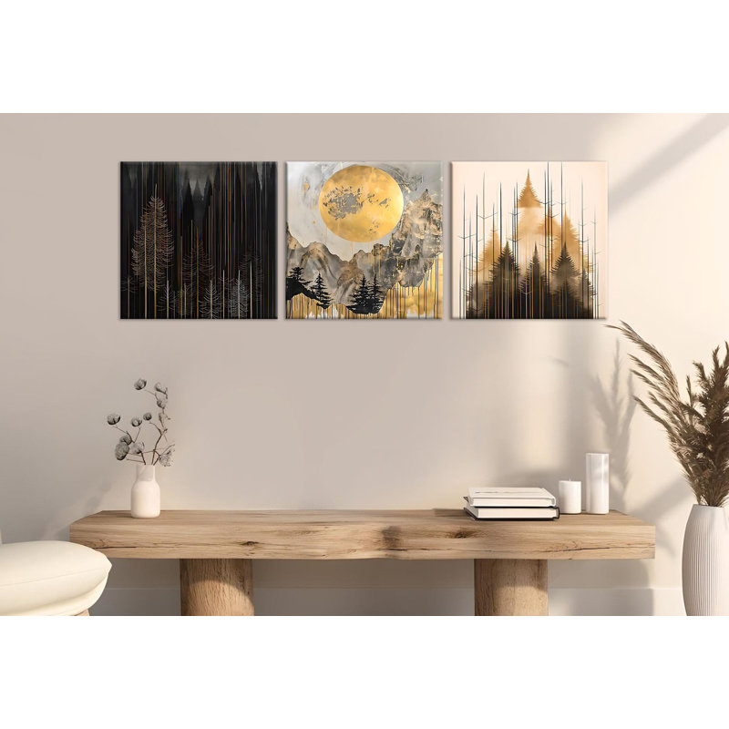 Elegant Decorative Canvas Painting Set (3 Pieces), Gold & Black, 11.8 x 11.8 inches Each | 50% Cotton / 50% Polyester with 100% Wooden Frames (Thickness: 0.8 inches) | Stunning Wall Art for Modern Home Décor